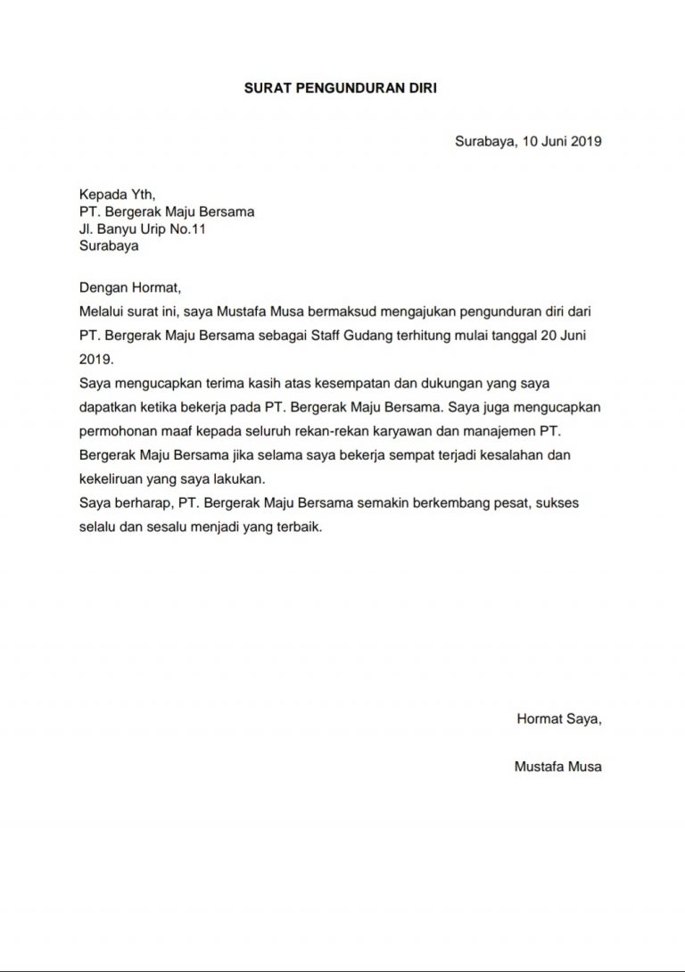 Contoh Surat Pengunduran Diri atau Surat Resign Karyawan dari Suatu
