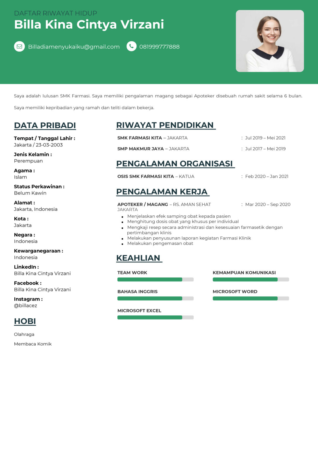 Contoh CV Lulusan SMK Jurusan Farmasi