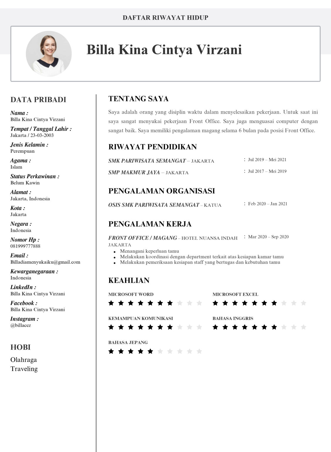 Contoh CV Lulusan SMK Jurusan Pariwisata