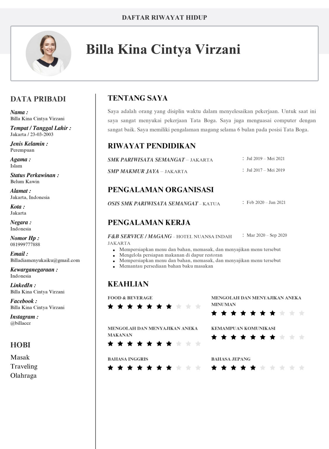 Contoh CV Siswa SMK Pariwisata Jurusan Tata Boga