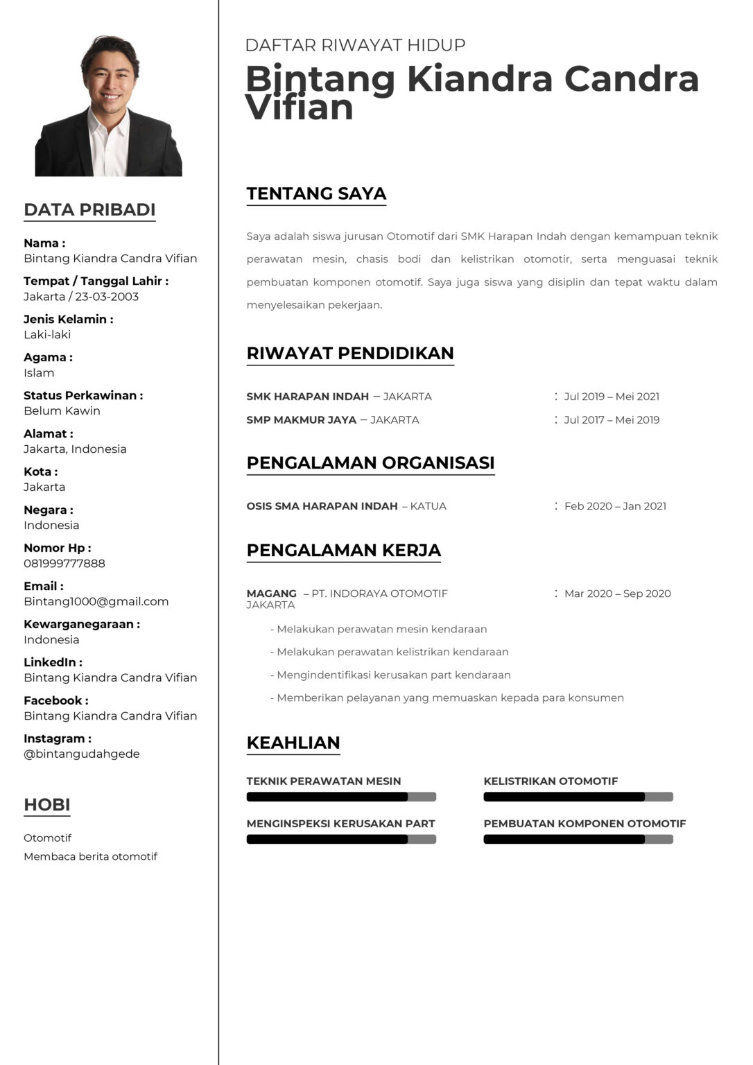 Contoh CV Siswa SMK Jurusan Teknik Mesin dan Otomotif 