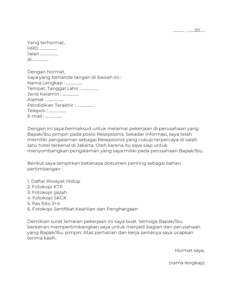 Application Letter Untuk Kerja Hotel